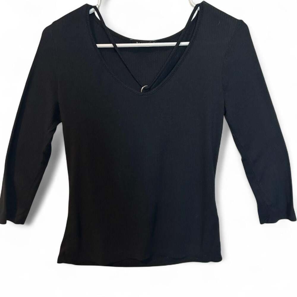 Papaya Black Ribbed O-Ring Front Long Sleeve Top Size L